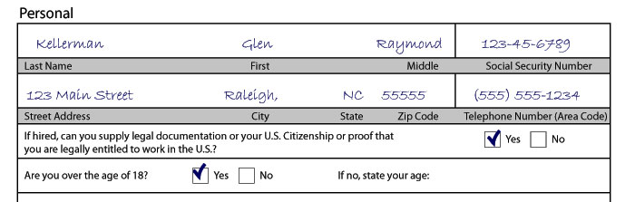 Personal Section of Application form