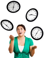 Woman juggling clocks