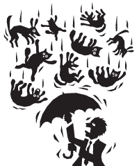 person with umbrella and cats and dogs falling from the sky