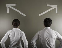 Two people looking different directions