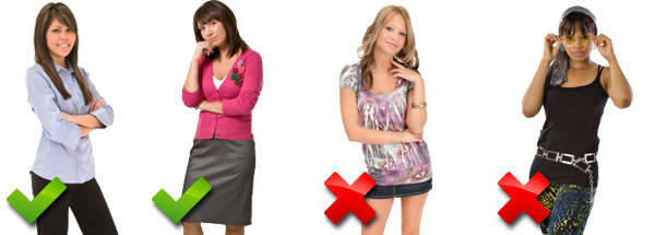 Women in button up tops vs. women in short skirts and colorful leggings